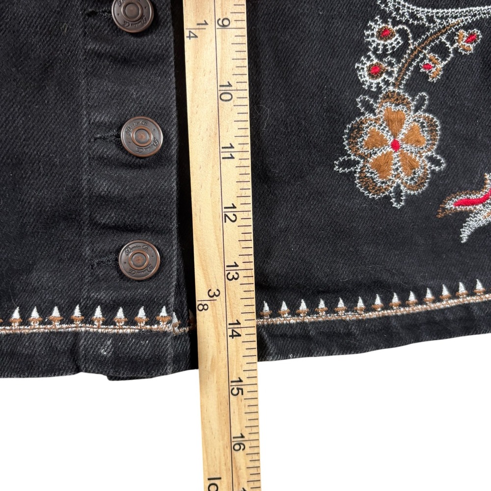 VTG Denim Co Mini Skirt Y2K 4 Black Embroidered Floral Boho Festival Aztec - Picture 7 of 9